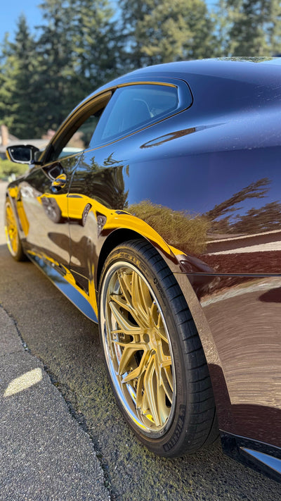custom lightweight M4 wheels RV-DR19 multi spoke design Champagne Gold chrome finish 20x10 20x11 performance wheels