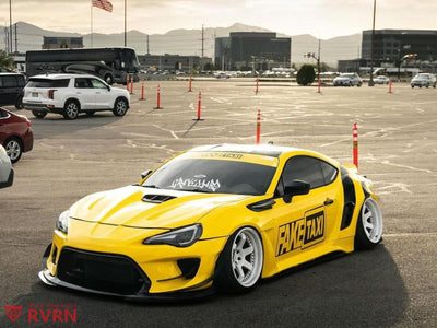 Rear view of 2015 Scion FRS with deep dish RVRN RV-DS01 18x10.5 forged wheels black lip white spokes