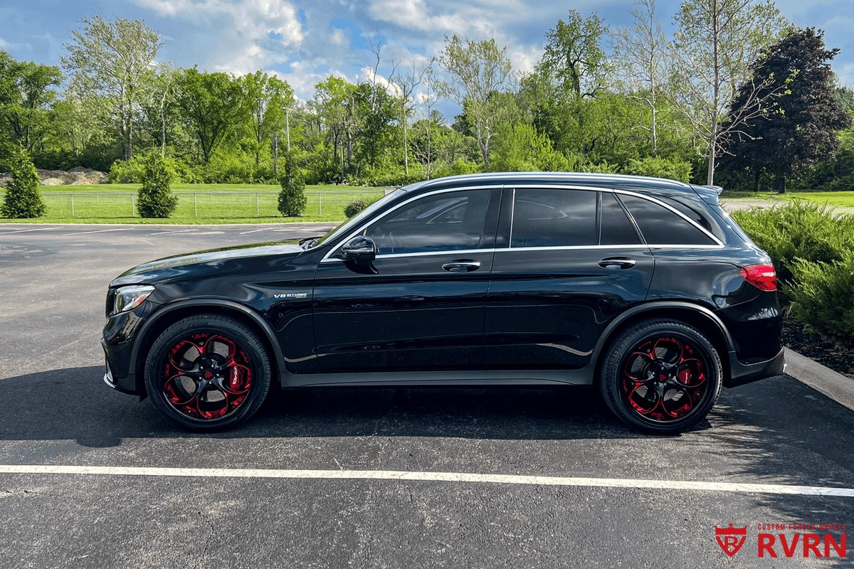 2019 Mercedes Benz GLC 63 S AMG with RVRN RV-DS016 custom forged wheels 21x9.5 21x10 polished aluminum red fade gloss black rims
