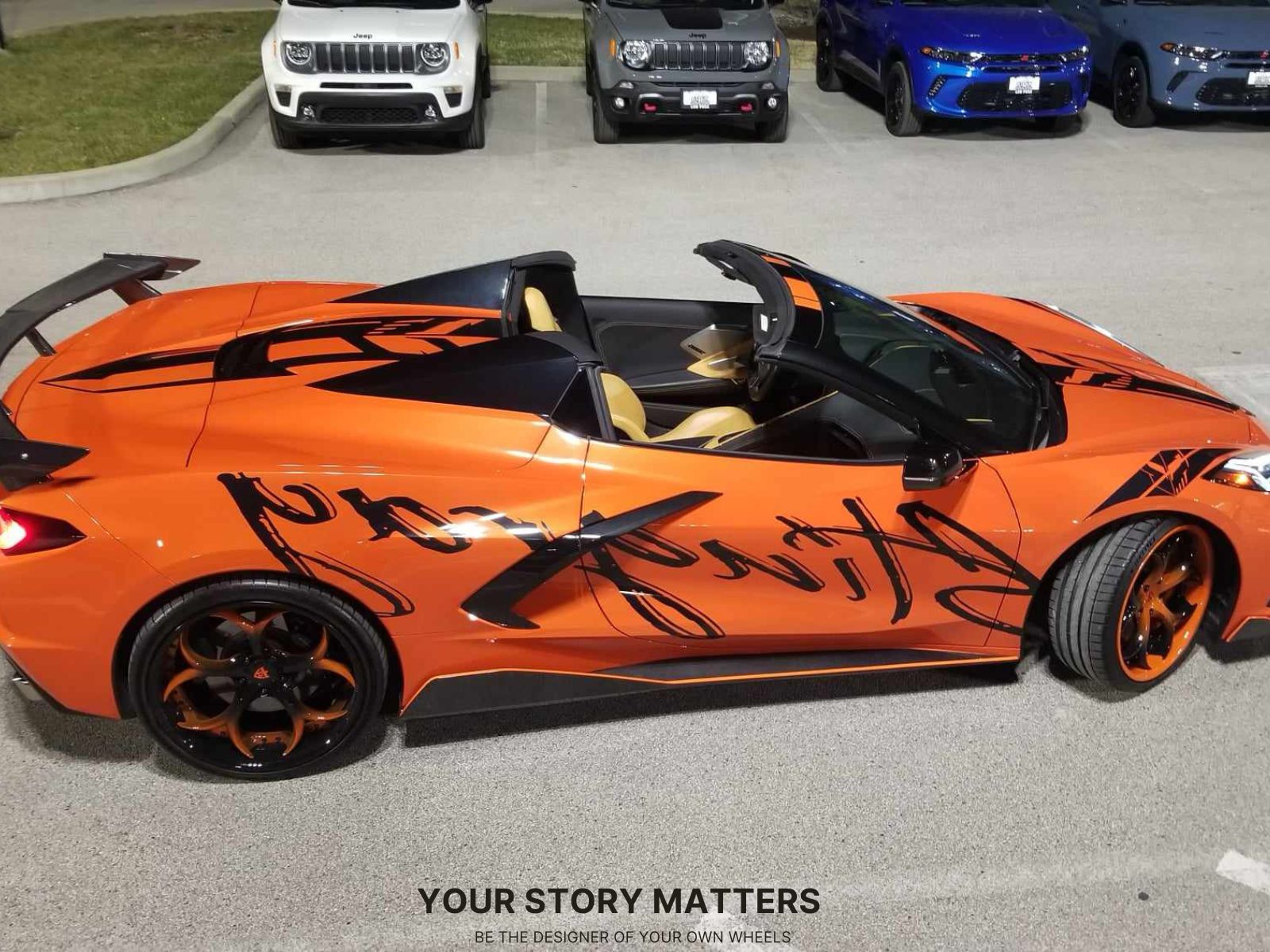 2021 Corvette C8 Z51 on RVRN RV-DS016 custom forged wheels – dynamic outdoor shot highlighting black barrels and orange accents.