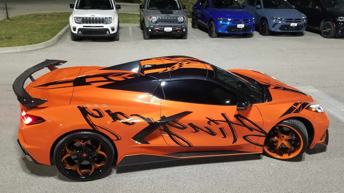 Rear view of 2021 Corvette C8 Z51 showcasing 21x12 RVRN RV-DS016 forged wheels in orange and black finish.