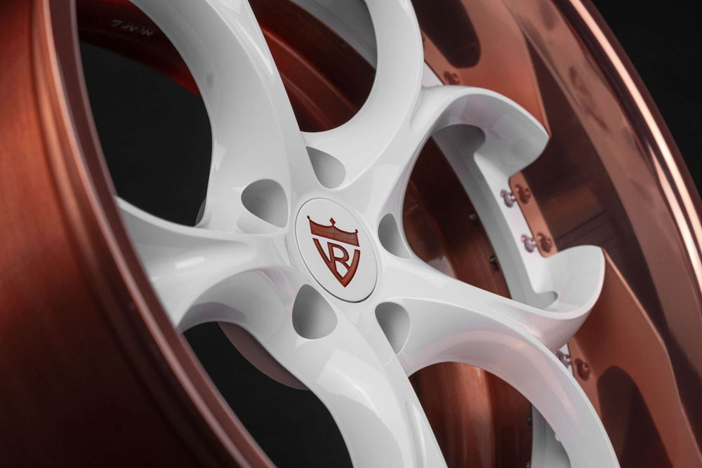 Custom forged rose gold and white wheel for Charger Hellcat, featuring intricate design and premium finish.