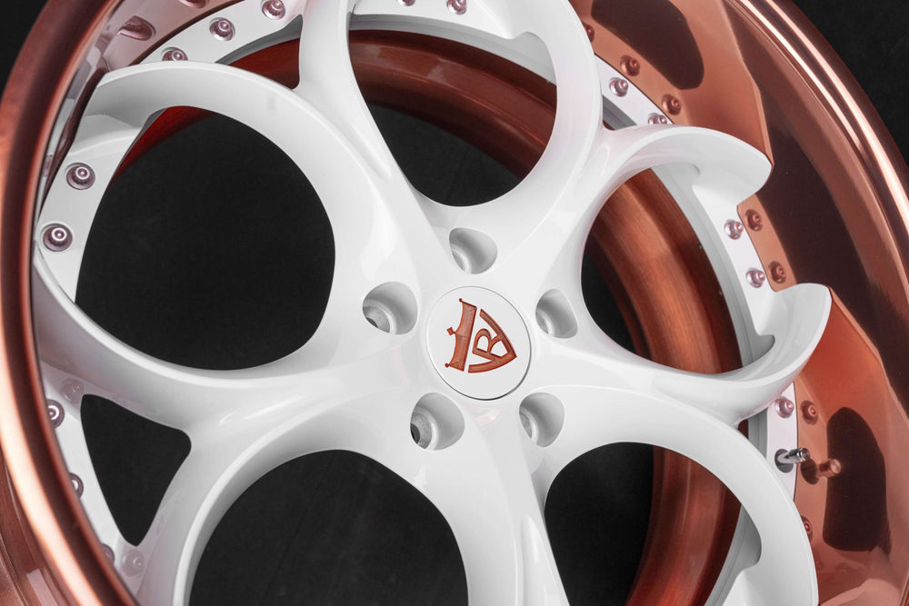 Rose gold custom forged wheels for Charger Hellcat featuring a unique white and copper design, deep dish dodge charger hellcat custom wheels