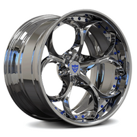 Chrome alloy wheel with blue accents on a white background