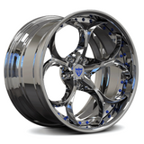 Chrome alloy wheel with blue accents on a white background