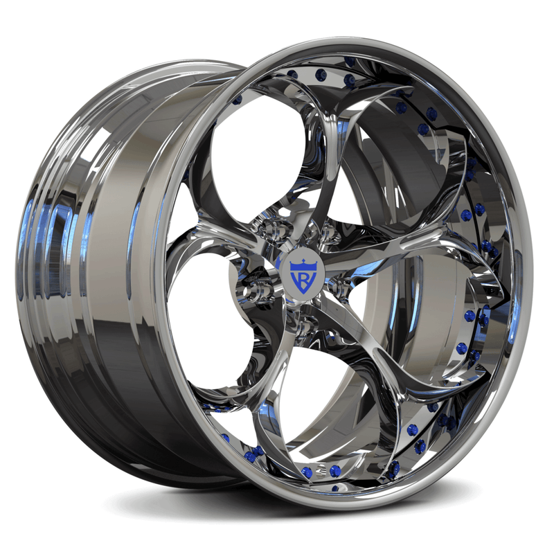 Custom forged 2-piece rims with a chrome finish and blue accents, designed for Audi R8 aftermarket wheels.