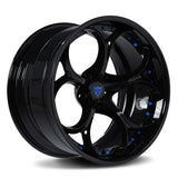 Custom 2-piece forged wheel for Audi R8, featuring a sleek black finish and blue accents, designed for performance and style.