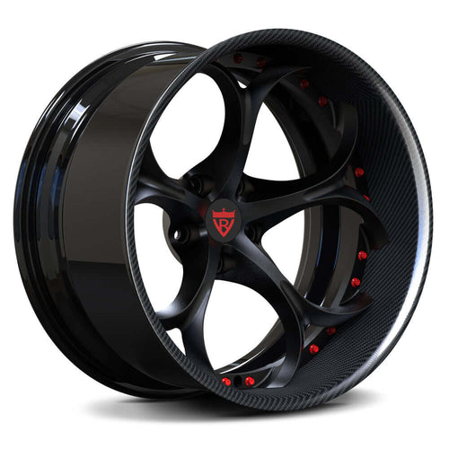 Custom forged 2-piece deep lip wheels for Dodge Charger, featuring black finish and red accents, designed for premium performance.