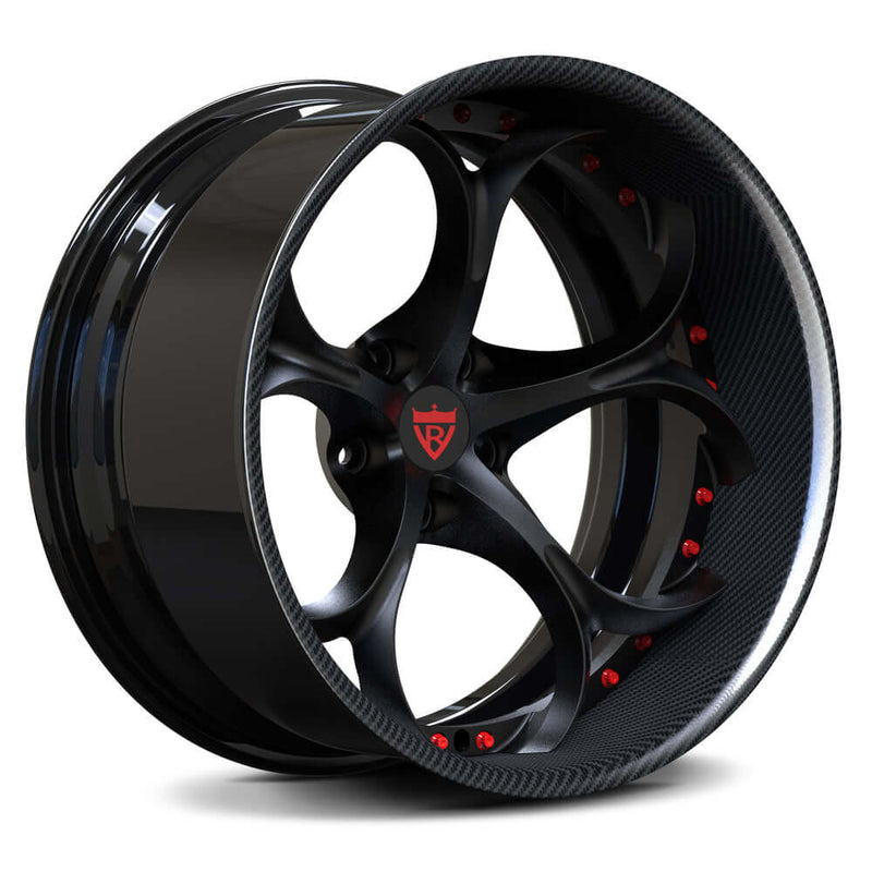 Custom forged 2-piece deep lip wheels for Dodge Charger, featuring black finish and red accents, designed for premium performance.