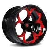 Custom 2-piece forged wheel in black and red, designed for Audi R8 aftermarket wheels.