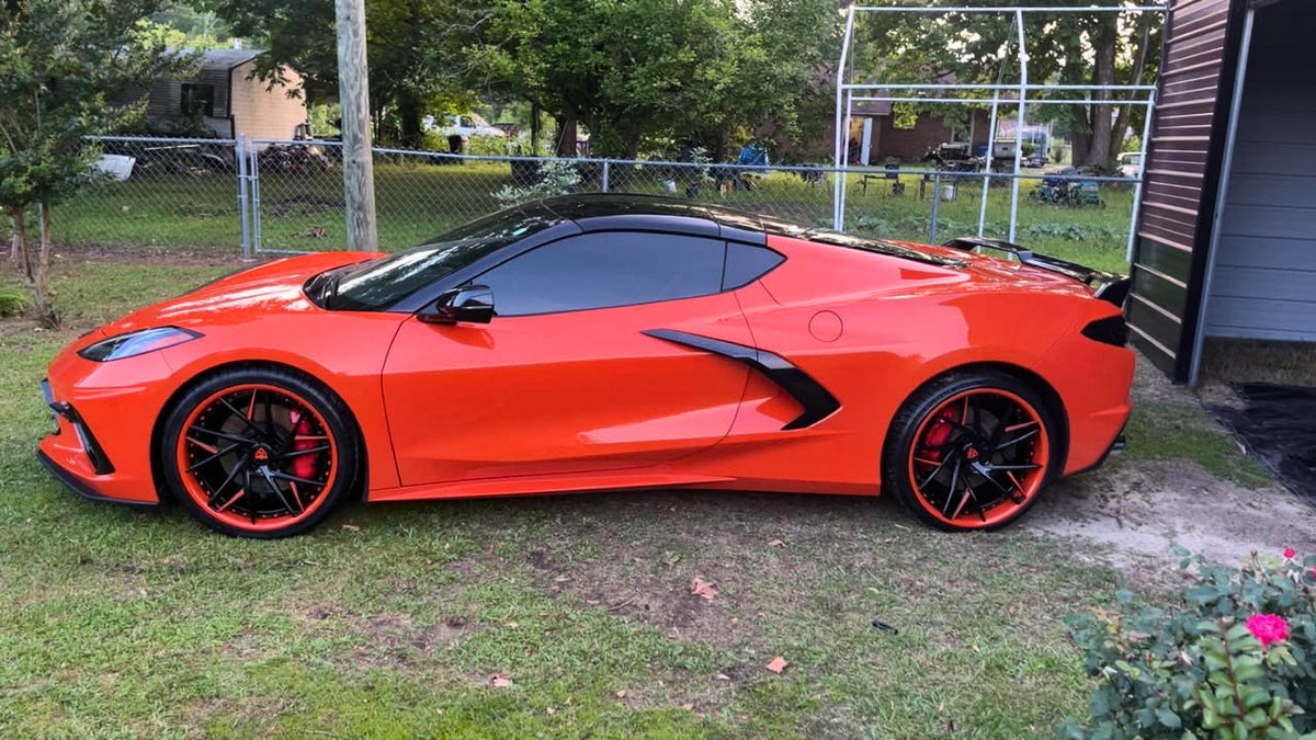 Corvette C8 side profile with custom forged wheels 20x8.5 and 21x11 setup