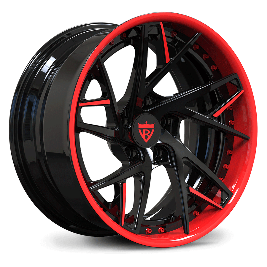 Custom forged 2-piece wheels with a black and red finish, designed for Corvette C8 and other vehicles.