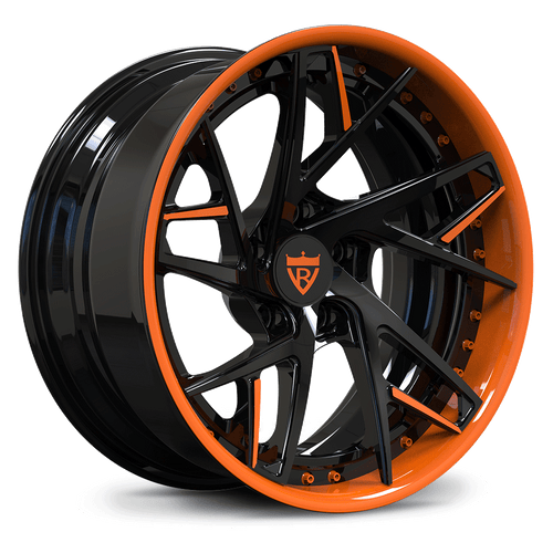 Custom forged 2-piece orange wheels, RV-DS74, designed for Corvette C8, featuring a unique concave style.