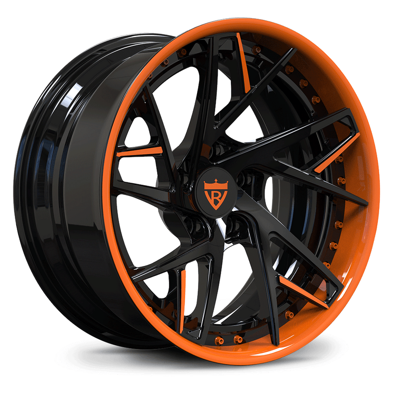 Custom forged 2-piece orange wheels, RV-DS74, designed for Corvette C8, featuring a unique concave style.