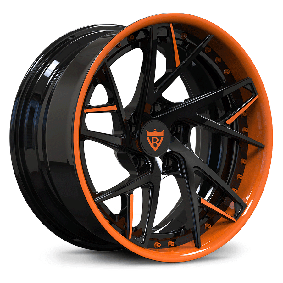 Custom forged 2-piece orange wheels, RV-DS74, designed for Corvette C8, featuring a unique concave style.