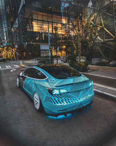 Close-up Tesla Model 3 polished forged wheel RV-DT01 blue finish detail