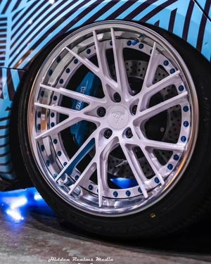 Rear angle Tesla Model 3 on RVRN RV-DT01 wheels deep polished aluminum blue 19x11 fitment