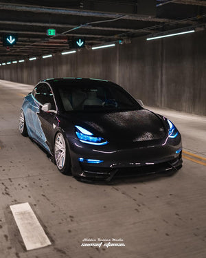 Rear angle Tesla Model 3 on RVRN RV-DT01 wheels deep polished aluminum blue 19x11 fitment