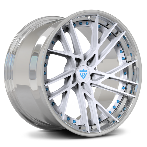 Custom forged 2-piece wheels with silver finish and blue accents, perfect for Tesla Model 3 and other vehicles.