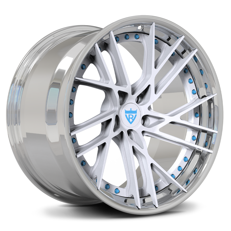 Custom forged 2-piece wheels with silver finish and blue accents, perfect for Tesla Model 3 and other vehicles.