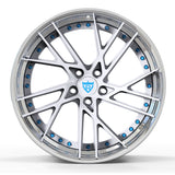 Custom forged 2-piece wheel RV-DT01 featuring silver finish and blue accents, designed for Tesla Model 3 and other vehicles.