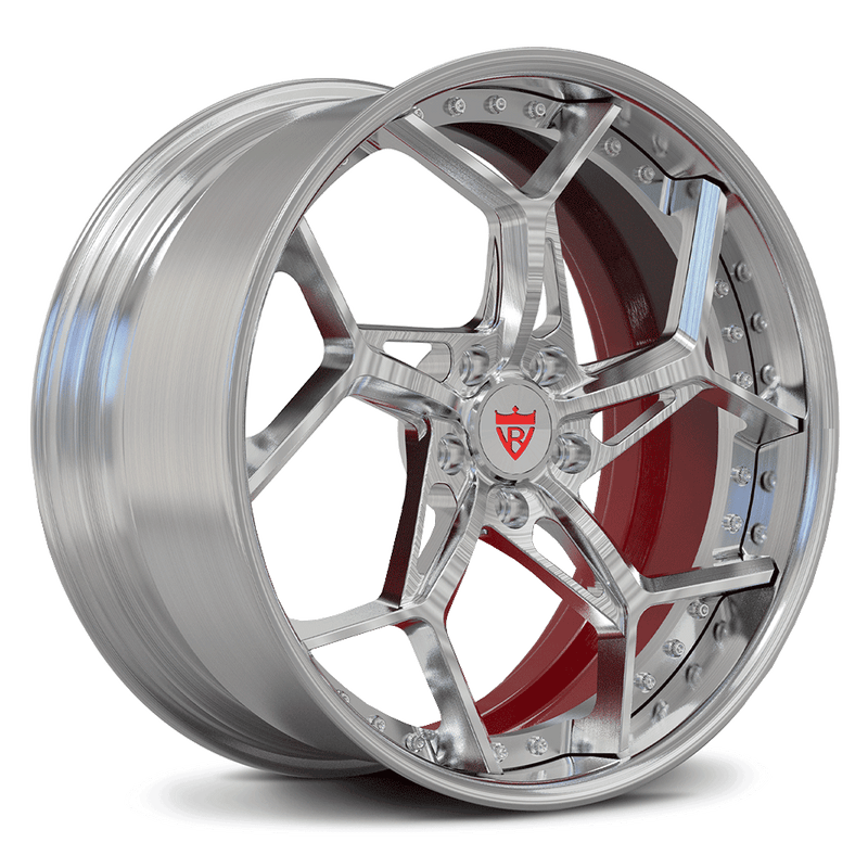 Custom forged 2-piece chrome wheel with sleek design and red accents for optimal brake clearance.