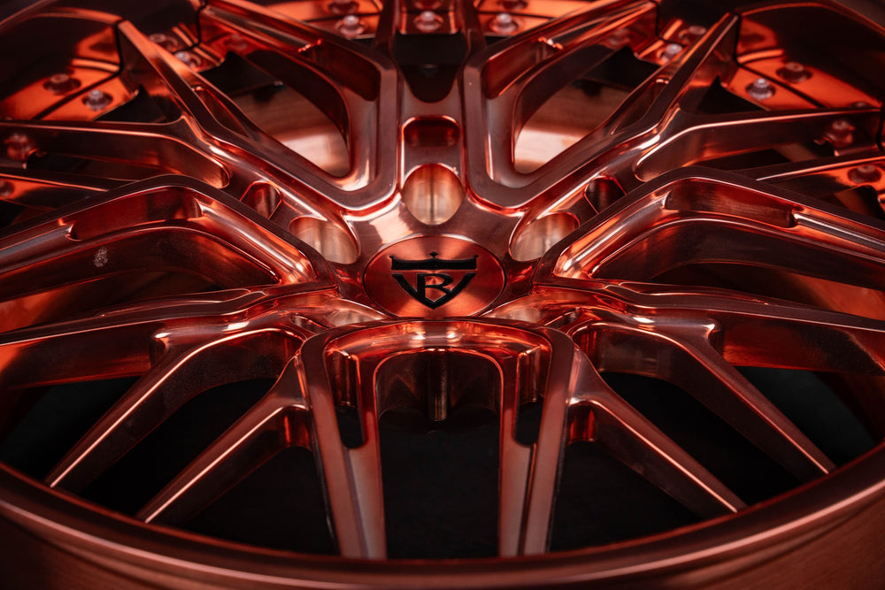 Rose Gold custom forged wheel for Dodge Challenger by RVRN Wheels, model RV-T081, detailed close-up view.