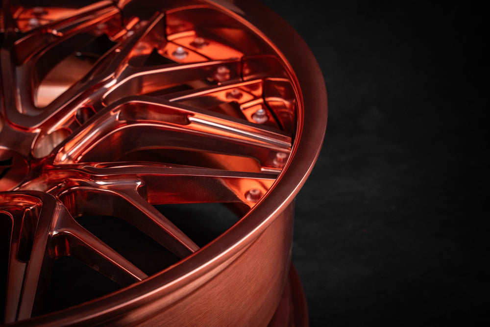Rose gold custom forged wheel for Dodge Challenger by RVRN Wheels, model RV-T081.