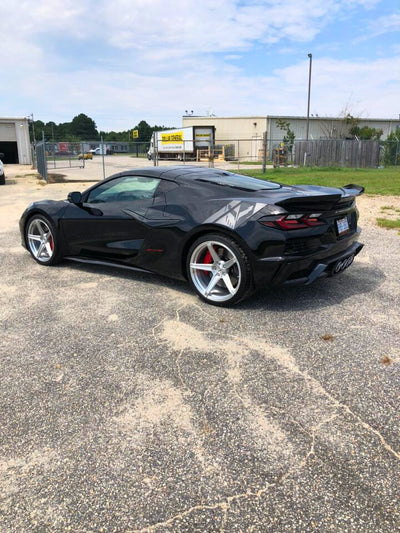 Corvette C8 Z06 rear view showing RVRN RV-MB559 forged wheels 21x13 +35 deep concave design