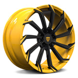 Custom forged 1-piece yellow and black wheel for Corvette C1-C8, aggressive style, 15"-26" sizes available, fully customized per order.