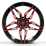 Custom forged monoblock deep concave wheels RV-MC07 in red and black colors, perfect for Camaro and 20" concave wheel enthusiasts.