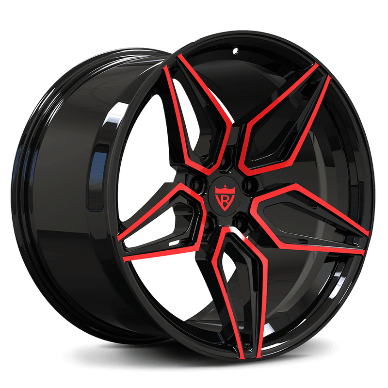 Custom forged monoblock deep concave wheels RV-MC07 in black and red, perfect for Camaro concave wheels and 20" concave wheels.