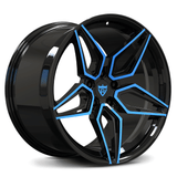 Custom forged monoblock 20" concave wheel in black with blue accents, ideal for Camaro and unique automotive styling.