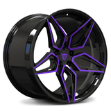 Custom forged monoblock deep concave wheel in black with purple accents, perfect for stylish red and black Camaro rims.