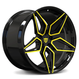 Custom forged monoblock wheel in black with yellow accents, ideal for enhancing Camaro rims and overall vehicle aesthetics.