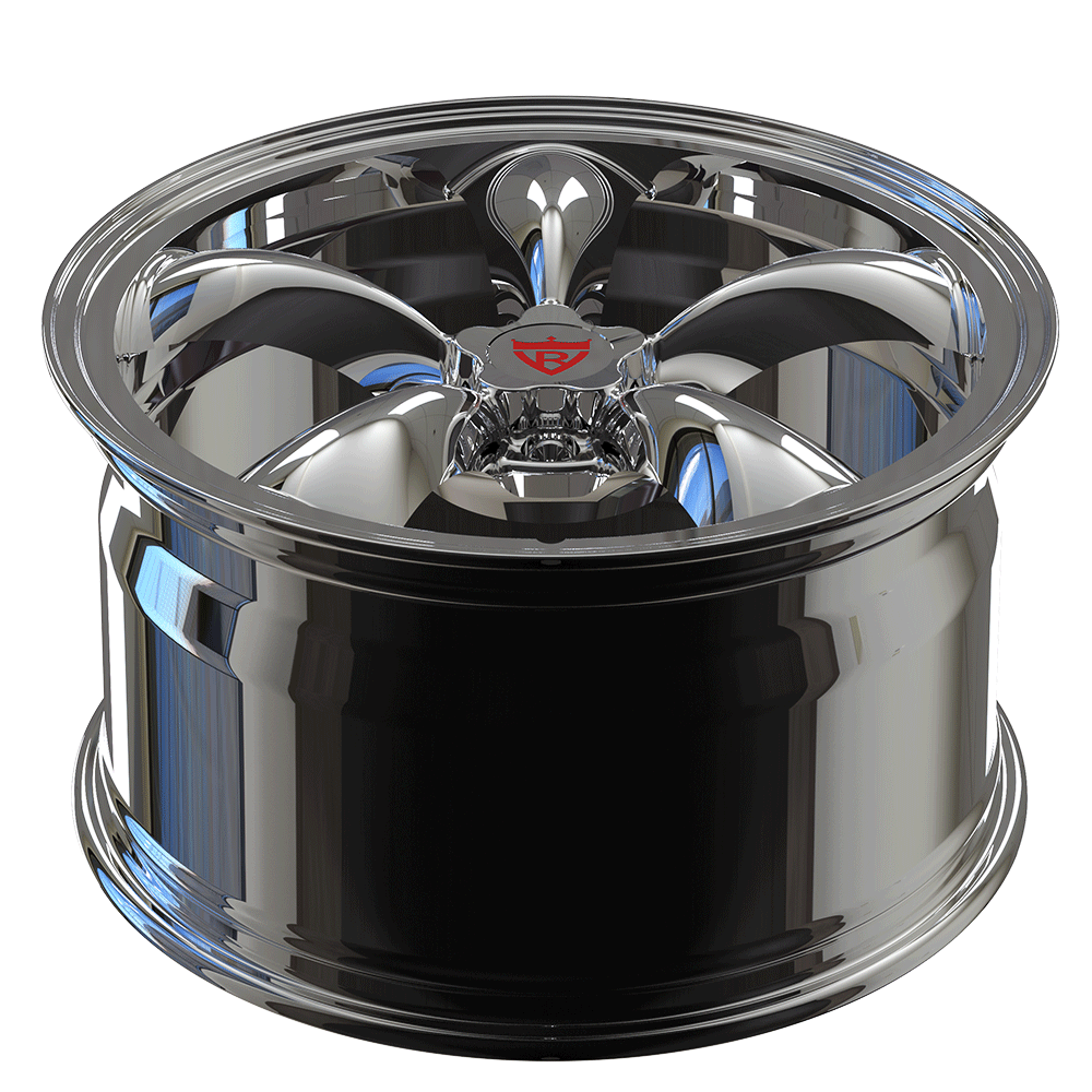 Custom forged monoblock wheels RV-MC09, vintage 5 spoke chrome rims for Corvette C8, showcasing high polish and sleek design.