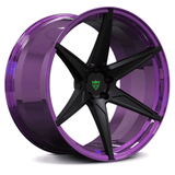 Custom forged monoblock concave black and purple rim for Dodge Charger Hellcat, 22-inch staggered style.