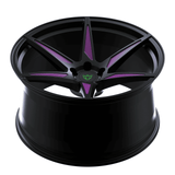 Custom forged monoblock concave wheel with black rims and purple accents, suitable for Dodge Charger Hellcat, 22-inch staggered design.