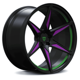 Custom forged monoblock concave wheel in black with purple and green accents, perfect for Dodge Charger Hellcat, 22-inch staggered rim