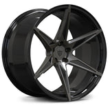 Custom forged monoblock concave wheels RV-MC19 with super concave design, 20-inch fitment for Dodge Charger. Gloss Black barrel and dark gunmetal 5 spokes