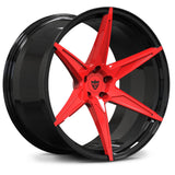 Black alloy wheel with red five-spoke design. Custom forged monoblock concave wheel with red accents and black finish, ideal for super concave wheels and Dodge Charger 20-inch wheels.