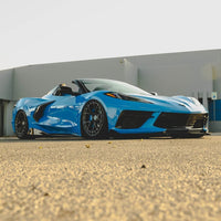 Rear three-quarter view of 2023 Corvette C8 Z51 on RVRN custom forged wheels Carbon Flash Metallic