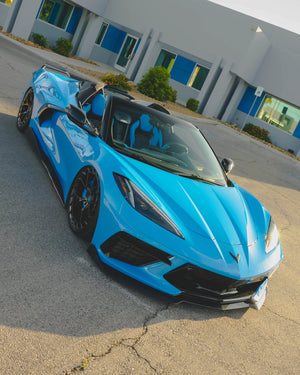 Rear three-quarter view of 2023 Corvette C8 Z51 on RVRN custom forged wheels Carbon Flash Metallic