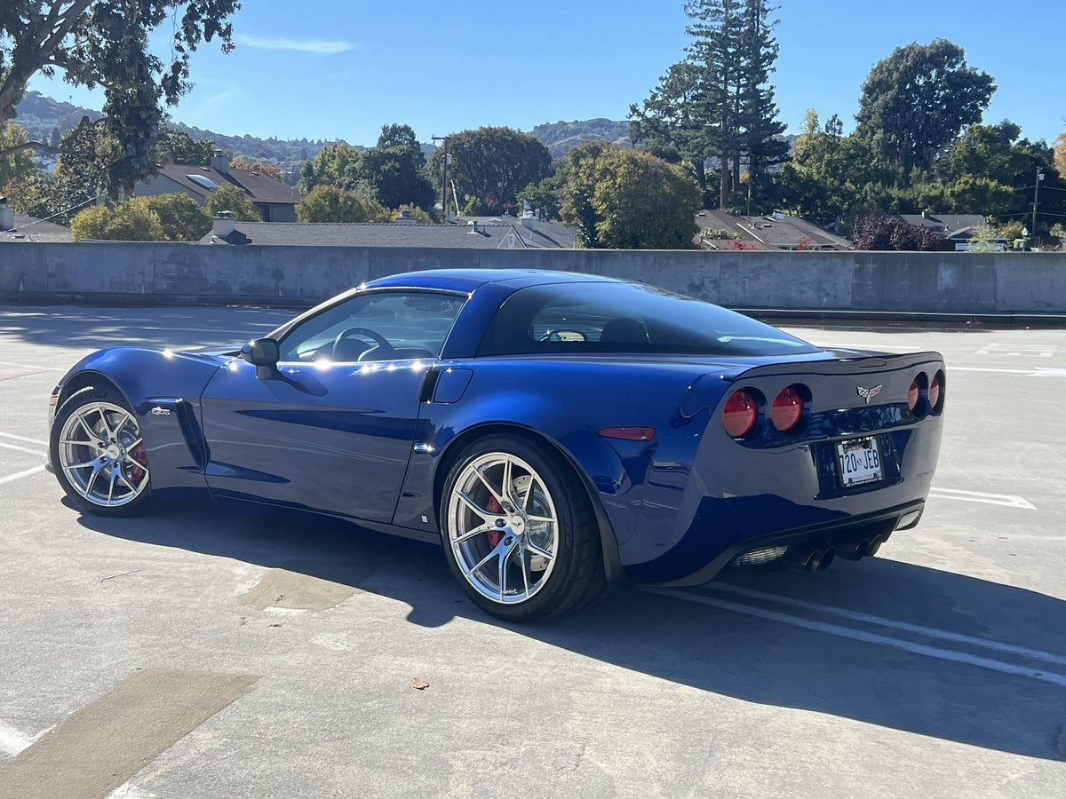 2007 Corvette C6 Z06 front view with RVRN RV-MC24 deep dish forged wheels 18x10 polished aluminum