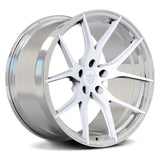 Custom forged monoblock wheel design featuring a sleek silver finish and modern spoke pattern for high-performance vehicles.