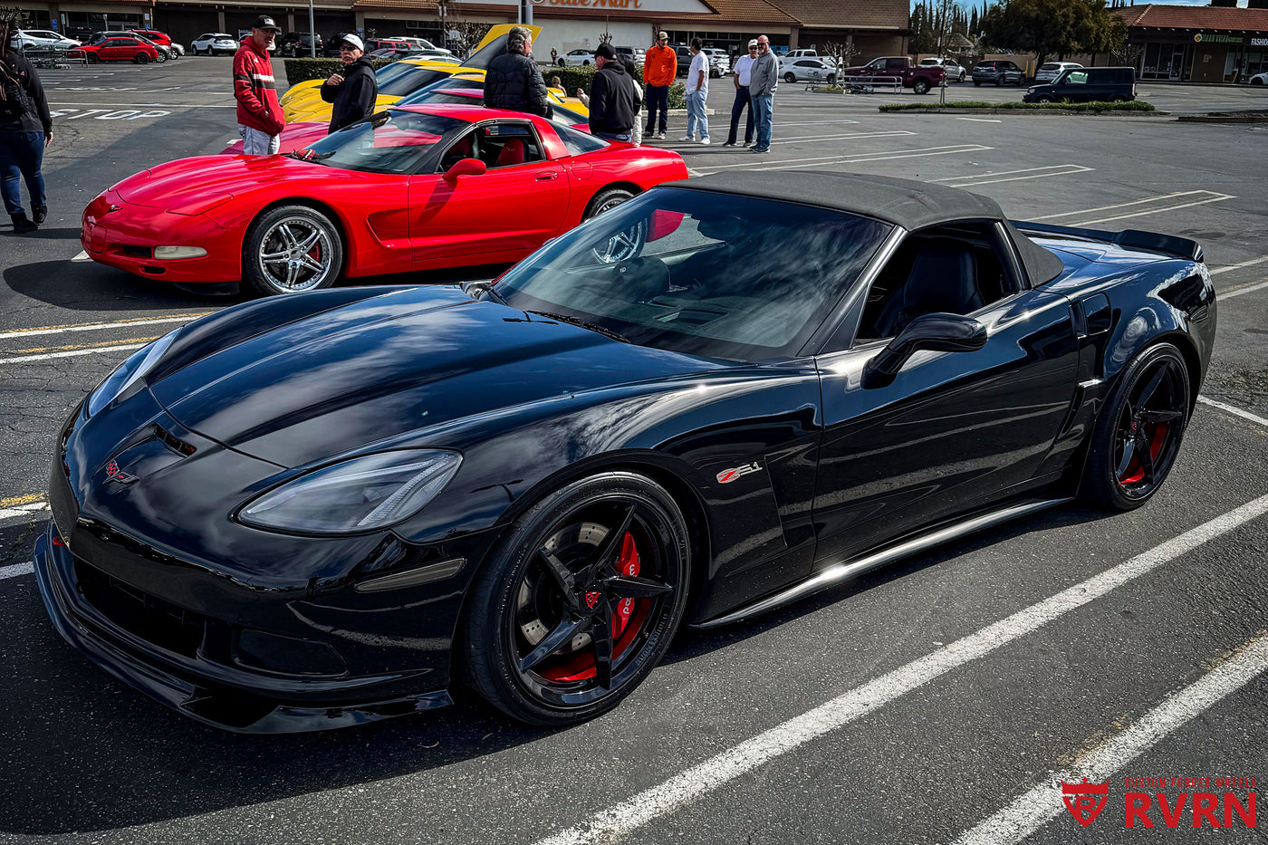 2006 Corvette C6 Convertible aftermarket forged wheels by RVRN RV-MC35 gloss black wheels with brushed red inner barrel 20x12 rear