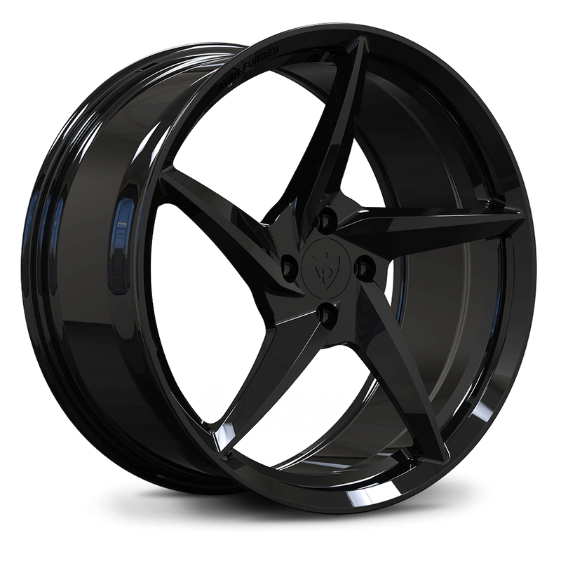 Custom forged 5 spoke black aluminum wheel designed for Ford Mustang 4 lug setups.
