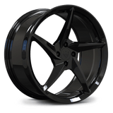 Custom forged 5 spoke black aluminum wheel designed for Ford Mustang 4 lug setups.
