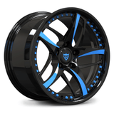 Custom forged monoblock 5-spoke wheel with blue spoke accents, lightweight forged rim for performance cars like Corvette and Mustang.