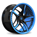 Custom forged monoblock wheel with full blue inner barrel, 5-spoke design for track builds, show cars, and daily drivers.
